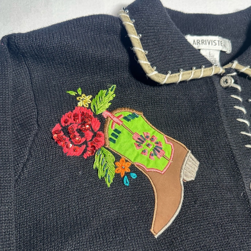 Arriviste Western Boot Embroidered Cardigan Sweater Vintage Cowgirl Rodeo Jacket - Picture 6 of 7